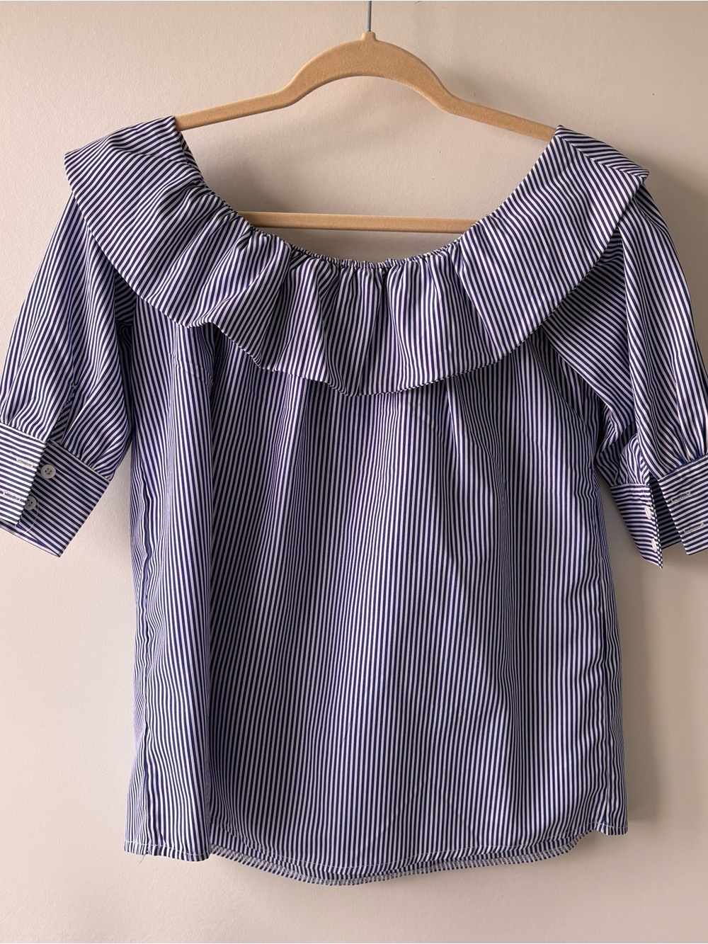 Striped Off-Shoulder Ruffle Blouse - Blue/White
